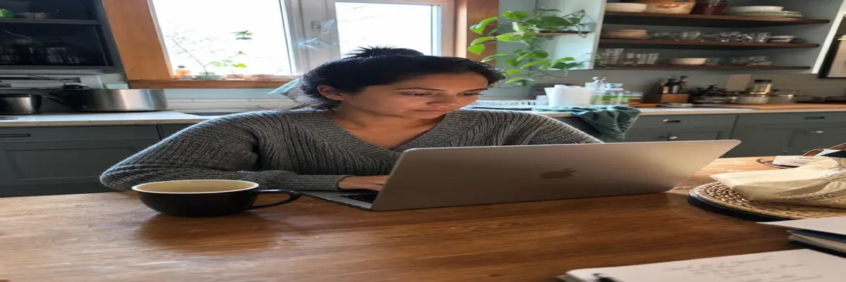 Person sitting at a kitchen table with a laptop, researching personal loans
