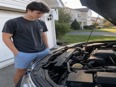 Car hood open in a driveway during an unexpected repair